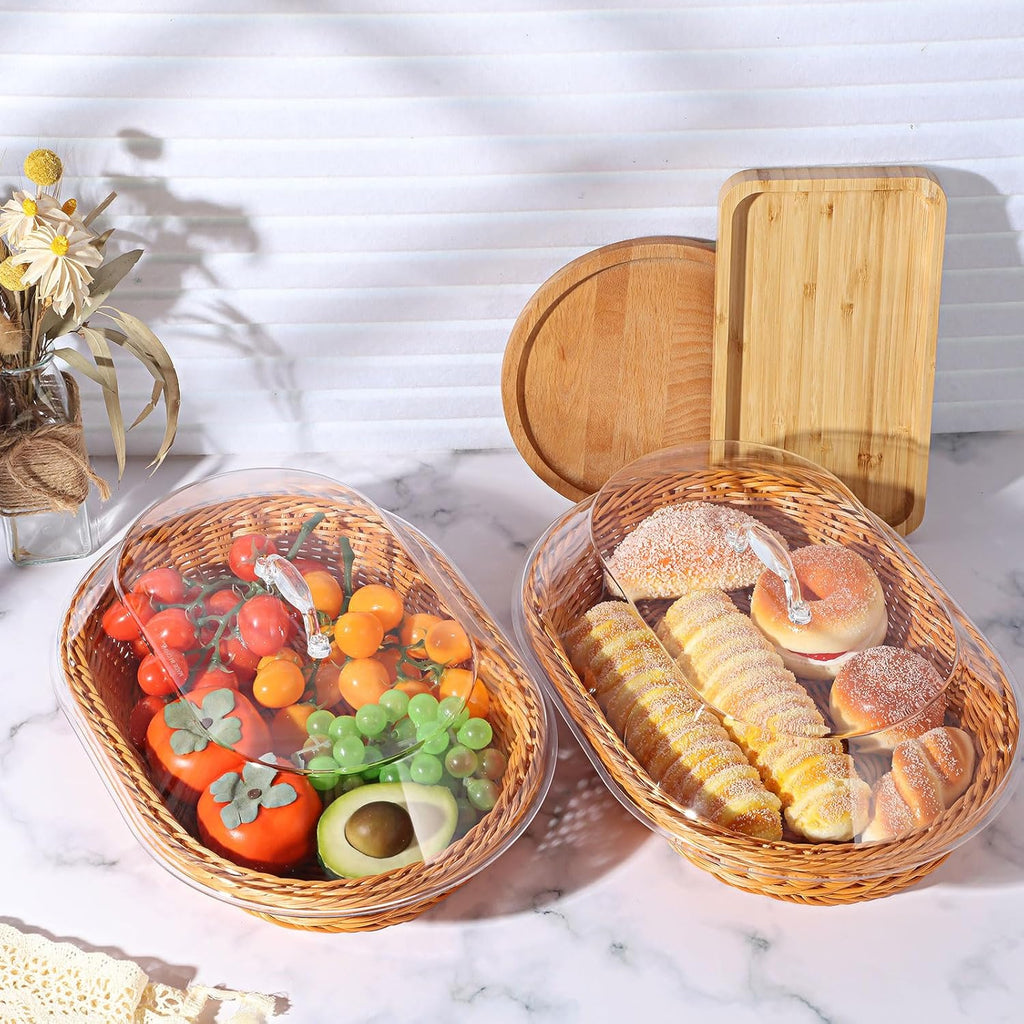 Oval Woven Rattan Bread Basket with Lid – Handcrafted Seagrass Food Basket for Serving, Storage & Display – Ideal for Bread, Fruit & Vegetables – Kitchen & Dining Decor, Tea & Beige