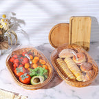 Oval Woven Rattan Bread Basket with Lid – Handcrafted Seagrass Food Basket for Serving, Storage & Display – Ideal for Bread, Fruit & Vegetables – Kitchen & Dining Decor, Tea & Beige