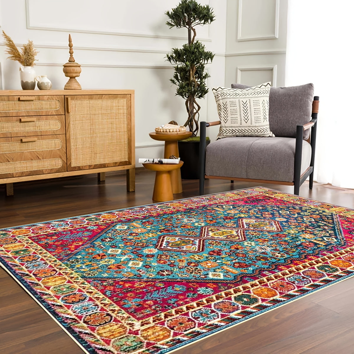 Bohemian Vintage Floral Area Rug – Ethnic Boho Floral Pattern Large Decor Mat for Living Room, Bedroom, Coffee Table & Tea Room, Exotic Vintage Home Decor, 6 Sizes