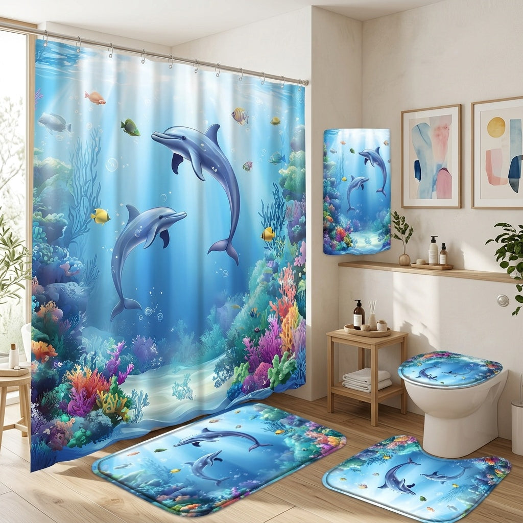 4pcs Sea Dolphin Coral Shower Curtain Set Blue Ocean Undersea World Fish Seaweed - 12 Hooks Toilet Lid Cover Non-Slip U-Shape Bath Mat Machine Washable | Nuvia Haven