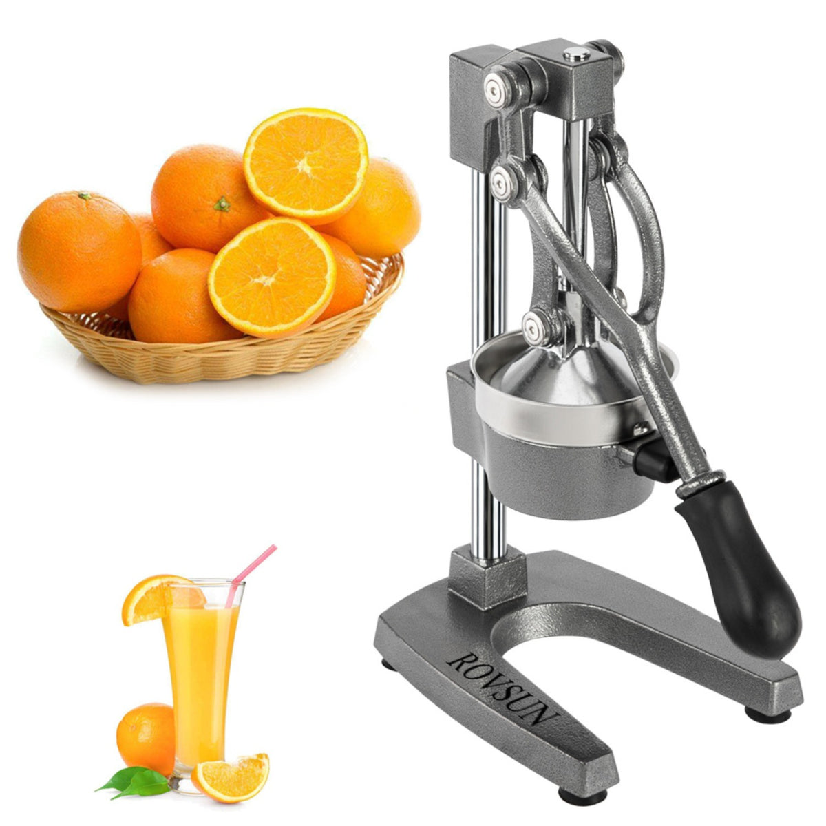 Manual Citrus Juicer Heavy Duty Cast Iron Hand Press Juice Squeezer for Orange Lemon Lime Pomegranate - Commercial Grade Fruit Juicer with Safety Lock & Stainless Steel Strainer