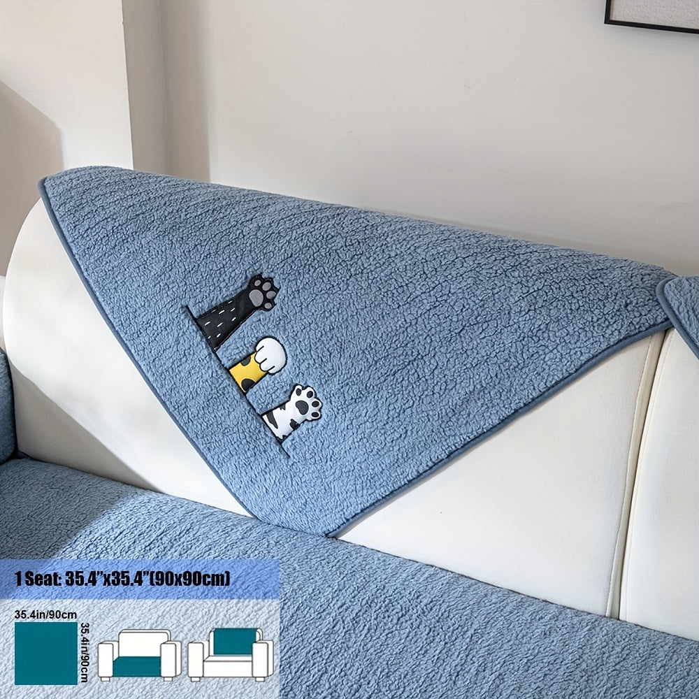 Sherpa Sofa Cover with Cat Paw Embroidery – Thick Plush Non-Slip Couch Slipcover, Pet-Friendly & Machine Washable Furniture Protector