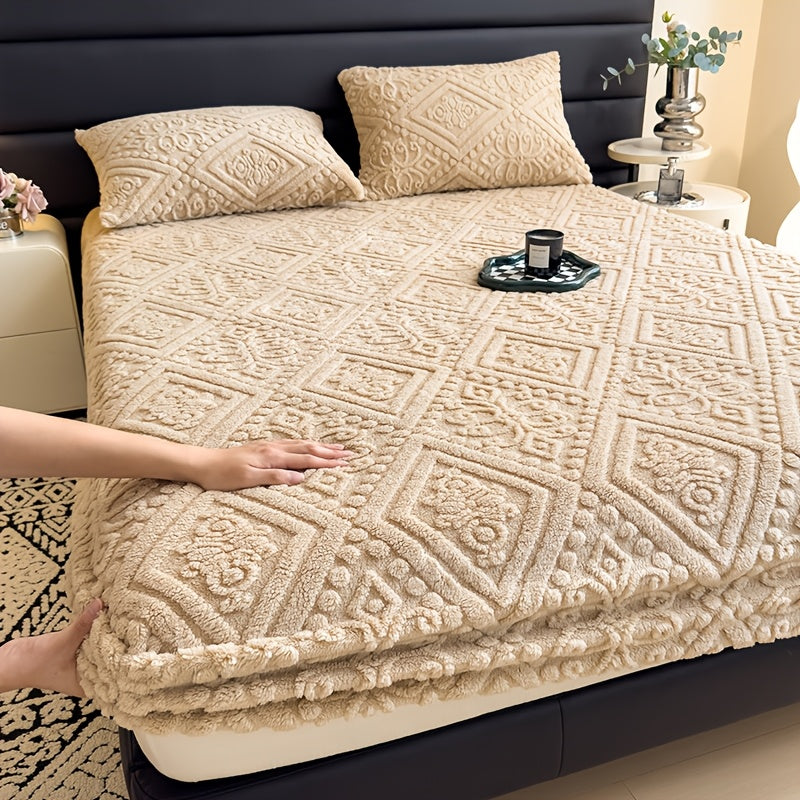 Embossed Fitted Sheet Set Super Soft Deep Pocket - European Texture Bed Sheets All Season, Machine Washable, Optional Pillowcases, Twin Full Queen King Sizes, 5 Colors Bedroom Bedding