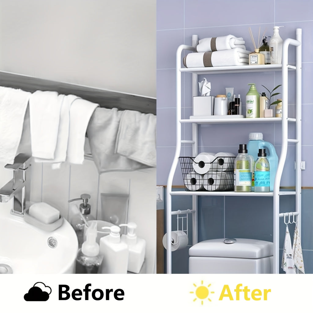Over Toilet Storage Rack Metal Bathroom Organizer with Toilet Paper Holder and Hook Space Saving Above Toilet Shelf for Bathroom Laundry Room 3 or 4 Tier