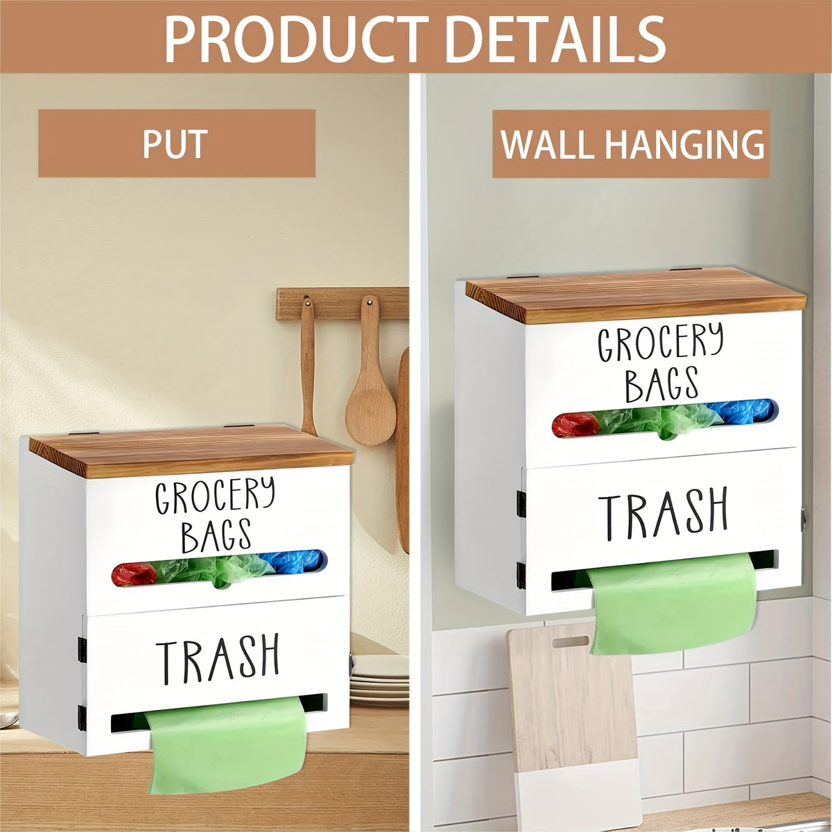 2-in-1 Wooden Garbage Bag Dispenser & Organizer - Wall-Mount or Cabinet Hanging Bag Holder for Kitchen & Bathroom, Large Capacity, White or Black