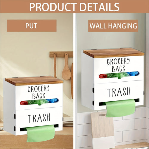 2-in-1 Wooden Garbage Bag Dispenser & Organizer - Wall-Mount or Cabinet Hanging Bag Holder for Kitchen & Bathroom, Large Capacity, White or Black