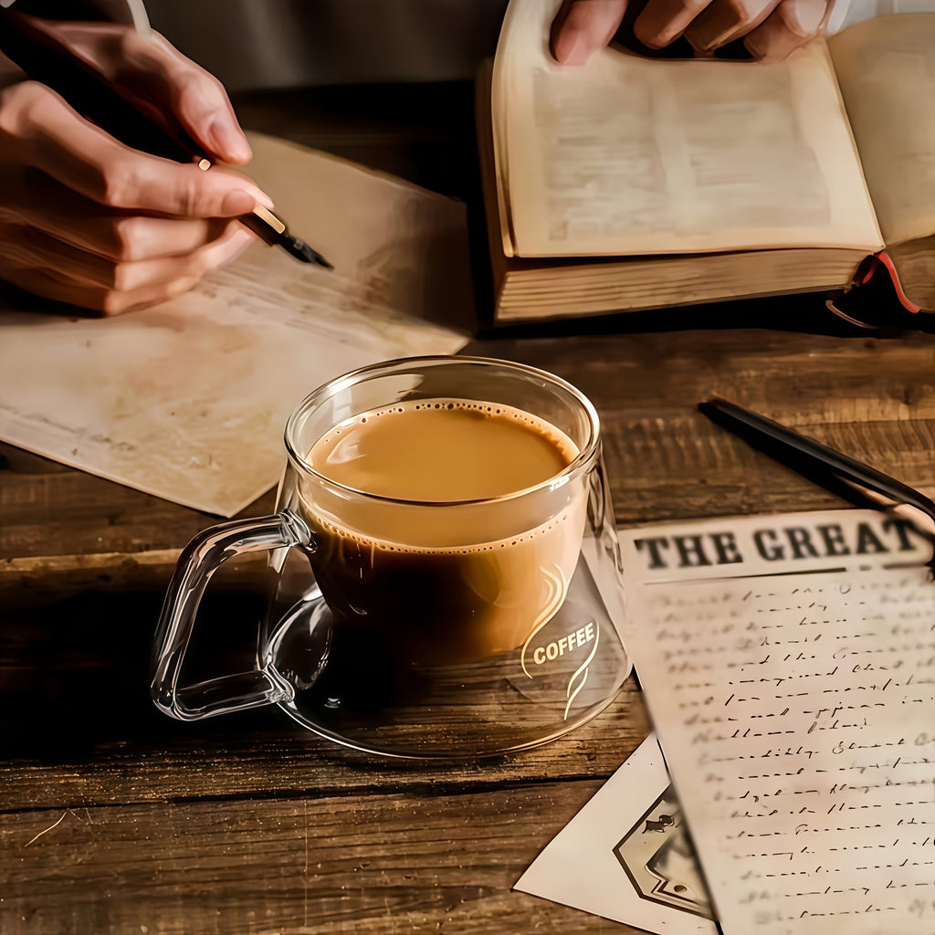 Double Wall Insulated Glass Coffee Cups Set of 4 with Golden Spoons | Transparent Hot Cold Drinkware for Home Office Coffee Shop