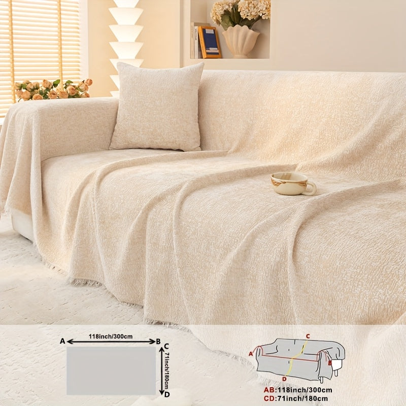 Soft Chenille Sofa Throw Cover with Fringes Durable Pet-Friendly Solid Couch Protector Slipcover for Living Room Sectional Armchair Home Decoration