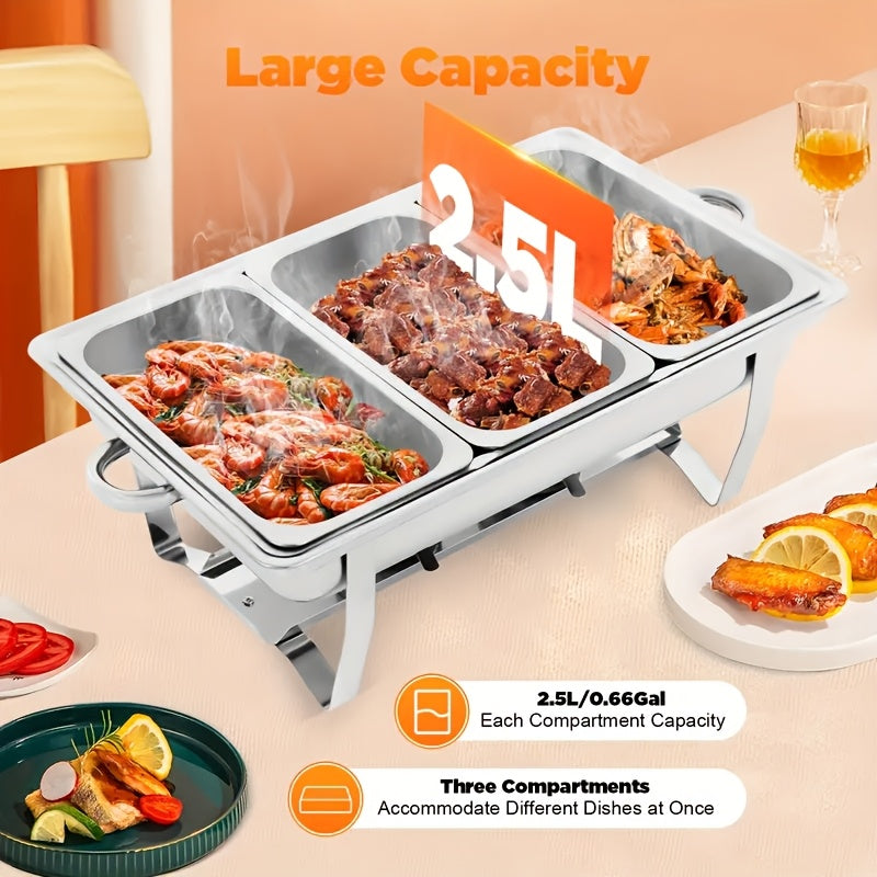 3-Compartment Buffet Food Warmer Chafing Dish Set with Water Tray, Cover & Baking Tray – Stainless Steel Party Server for Holidays, Birthdays & Catering Events
