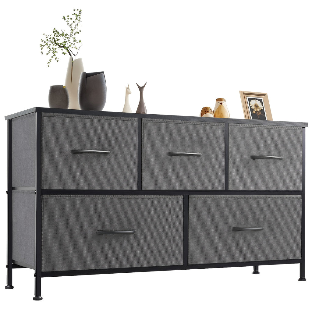 5-Drawer Wide Dresser with Fabric Bins – Freestanding Wood Frame Chest of Drawers, Low Profile Compact Storage Organizer for Bedroom, Hallway, Living Room & Closet, Space-Saving Furniture in Khaki/Green