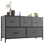 5-Drawer Wide Dresser with Fabric Bins – Freestanding Wood Frame Chest of Drawers, Low Profile Compact Storage Organizer for Bedroom, Hallway, Living Room & Closet, Space-Saving Furniture in Khaki/Green