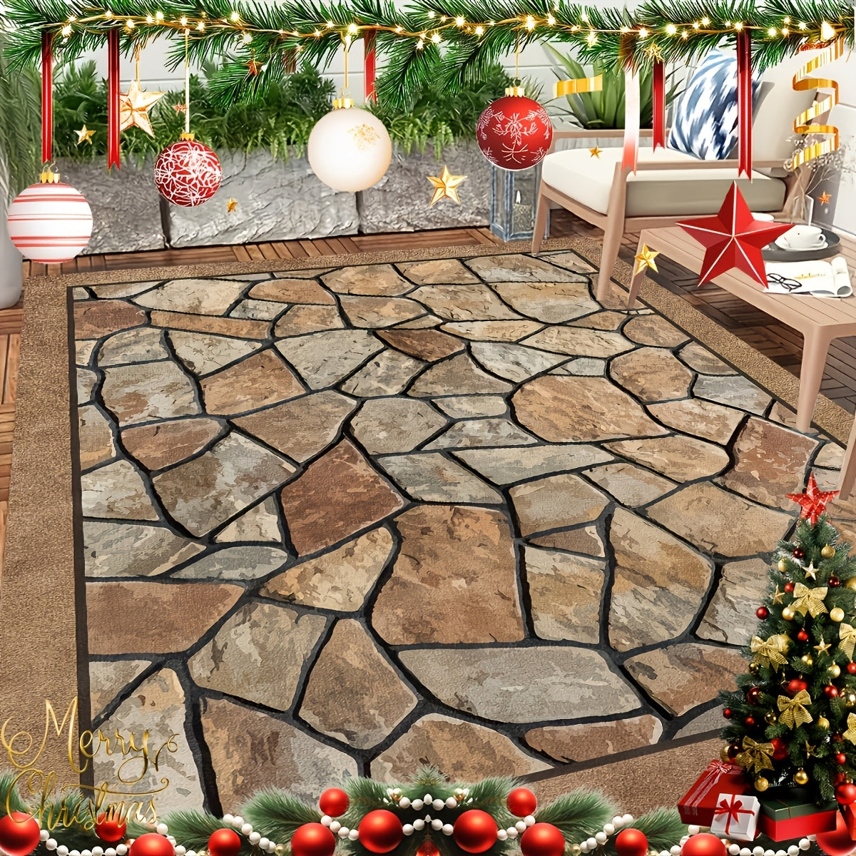 Outdoor Patio Rug Washable Stone Pattern Rectangular Carpet – Durable Indoor Outdoor Mat for Patio, Garden, Camping, RV & Sunroom | Multiple Sizes