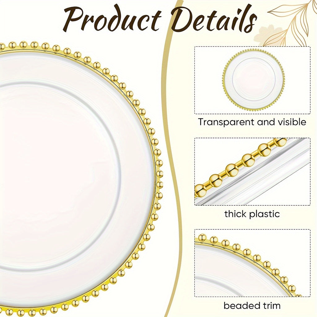 Plastic Charger Plates 50 Pack – 13 Inch Beaded Rim Decorative Dinner Plates for Wedding, Birthday, Bridal Shower & Party Table Settings, Gold or Silver