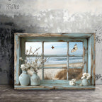 Beach View Window Canvas Wall Art with Butterflies & Flowers, Vintage Beach Scene Wooden Framed Print for Living Room, Bedroom, Kitchen & Home Office – 16x20in or 20x24in