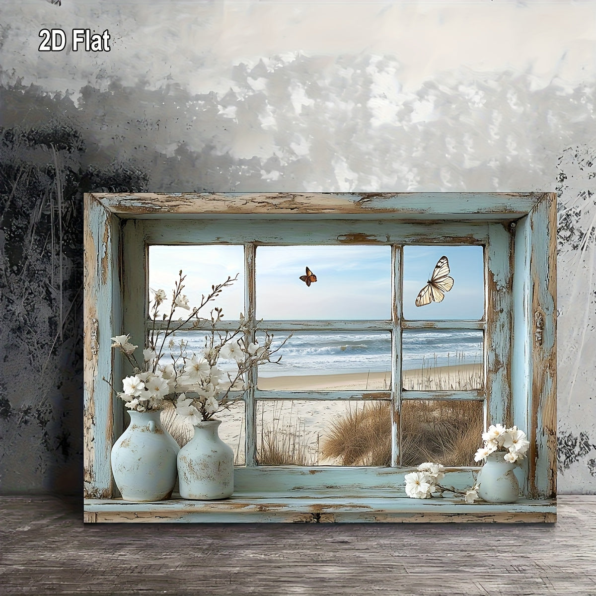 Beach View Window Canvas Wall Art with Butterflies & Flowers, Vintage Beach Scene Wooden Framed Print for Living Room, Bedroom, Kitchen & Home Office – 16x20in or 20x24in