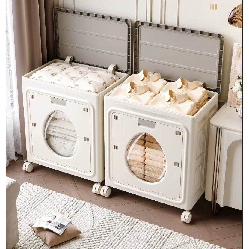 Large Storage Box with Wheels 37 Gallon Flip-Top Lid Foldable Closet Organizer for Clothes Quilts Blankets Bedroom Living Room White Red