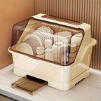 Covered Dish Organizer & Cutlery Holder with Drain Plate - Space-Saving Countertop Rack, Dust-Proof, Cream, Large & Extra Large
