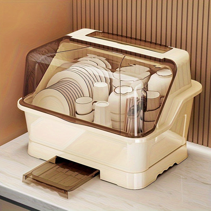 Covered Dish Organizer & Cutlery Holder with Drain Plate - Space-Saving Countertop Rack, Dust-Proof, Cream, Large & Extra Large