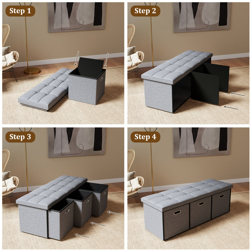 Storage Ottoman Bench with Pull-Out Drawer – 880 lbs Capacity Folding Footrest, Synthetic Leather, 30 & 43 Inch, for Living Room Bedroom Office, Grey & Brown