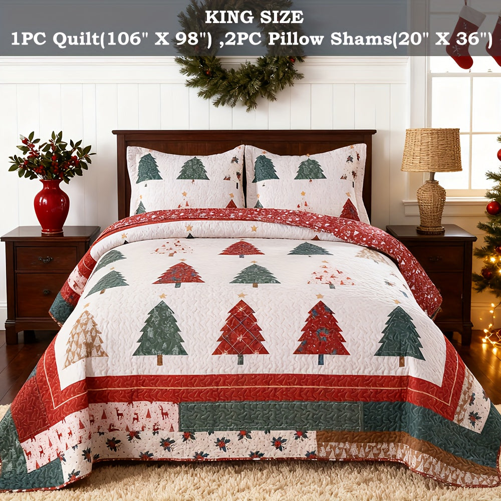Christmas Quilt Set Queen King 3 Piece – Rustic Lodge Deer Snowman Snowflake Holiday Bedding Ensemble, Quilted Bedspread Coverlet with Pillow Shams, Machine Washable Lightweight Comforter