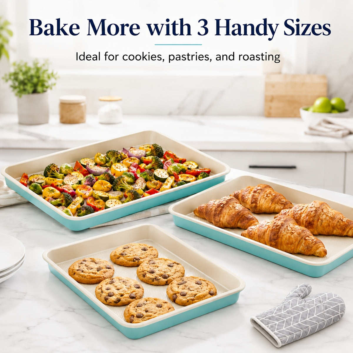 Baking Sheet Pan Set of 3 Heavy Duty Cookie Sheets - Diamond Texture Commercial Grade Steel 13/15/18 Inch, 0.8mm Thick Oven Pans for Baking Cookies, Roasting, Sheet Cake, with Oven Gloves Option