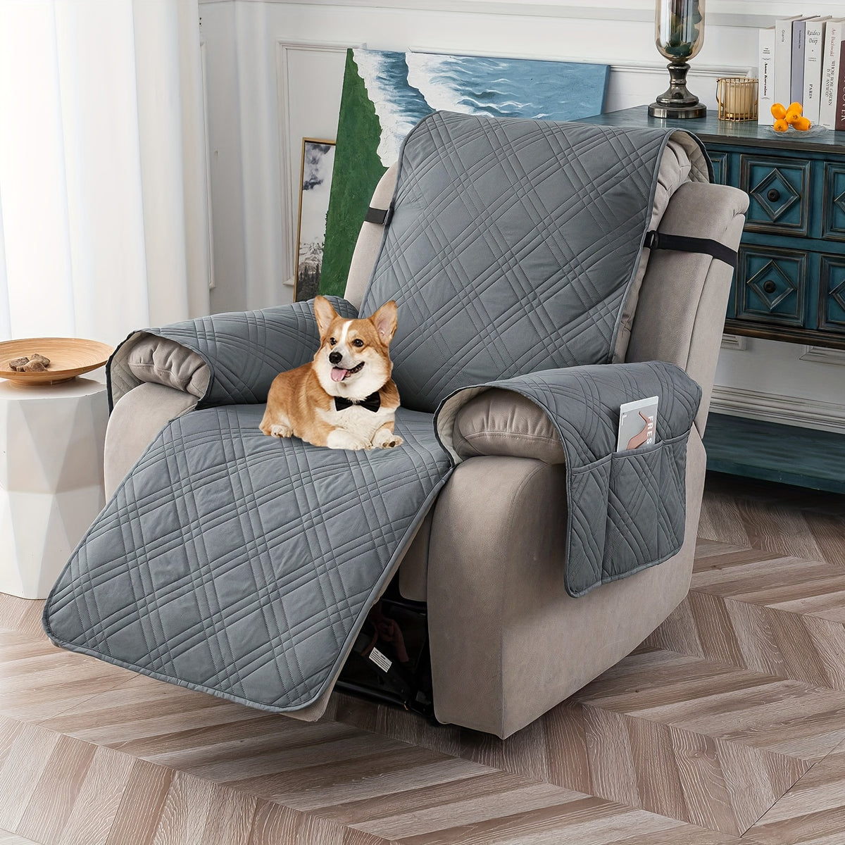 Waterproof Recliner Cover Pet Scratch-Resistant, 5-Layer Quilted Non-Slip Recliner Chair Slipcover with Pocket & Elastic Straps, Easy-Care Polyester Furniture Protector for Living Room, Bedroom & Office, Coffee/Gray