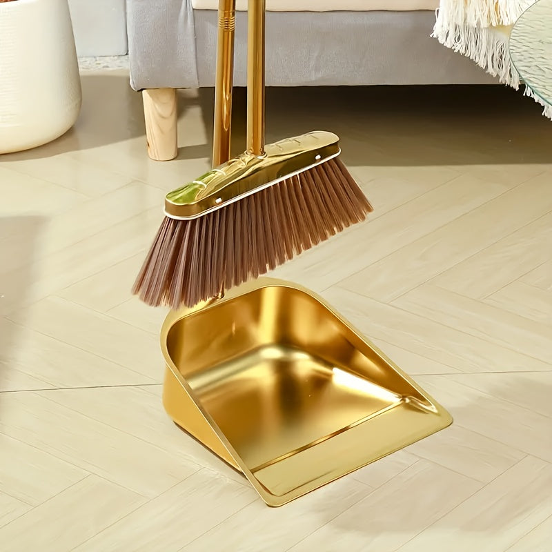 Golden Stainless Steel Broom and Dustpan Set – Standing Upright Floor Sweeper for Home, Office, Patio, Garden & Restaurant