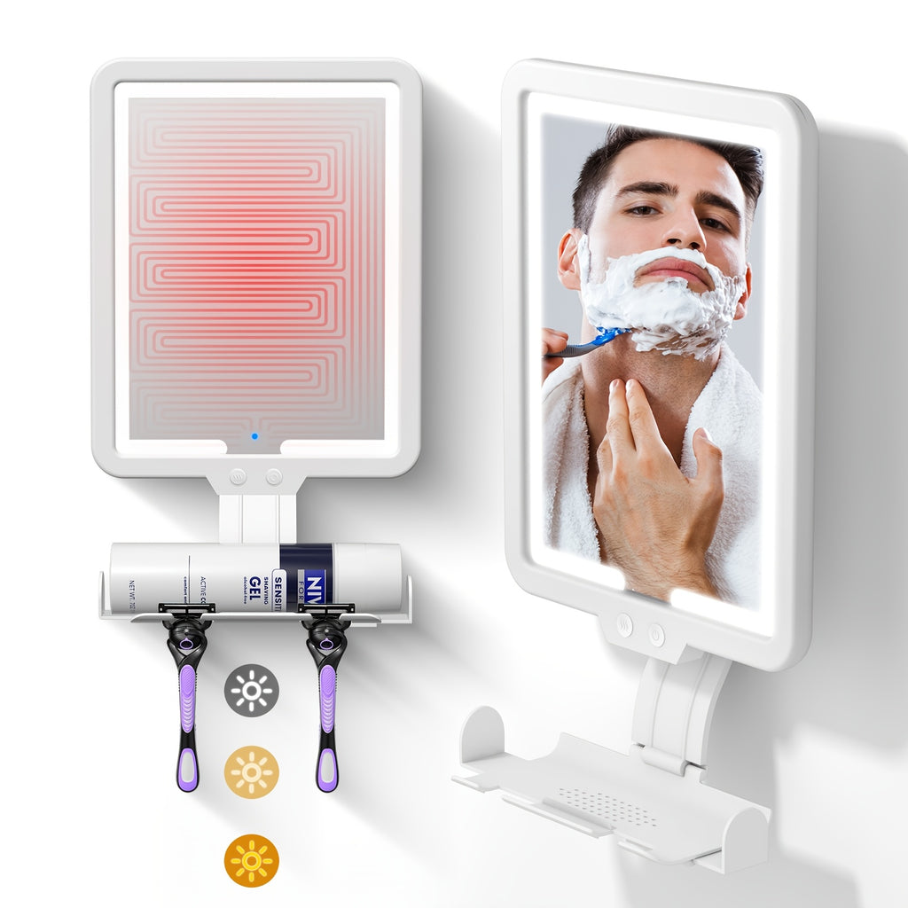 Heated Fog-Free Shower Mirror with LED Light 9.5x7 Inch | Detachable Fogless Bath Mirror with Shaving Foam Base, 2 Razor Holders & 3-Color Adjustable Brightness