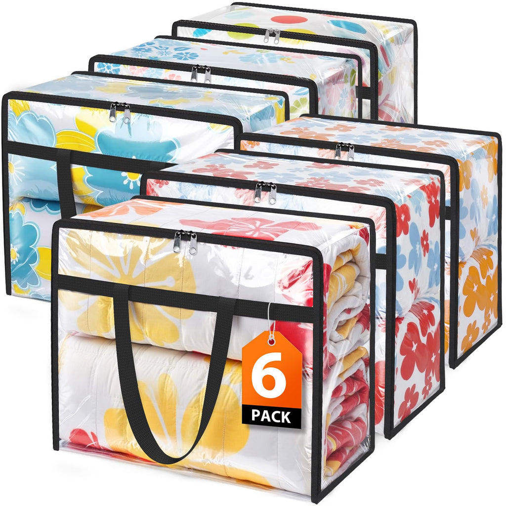 Clear Clothes Storage Bags 6-Pack 15.85 Gallon PVC Foldable Closet Organizer Under Bed Storage Containers with Zippers for Comforter Blanket Bedding Duvet – Transparent Moving Packing Bags