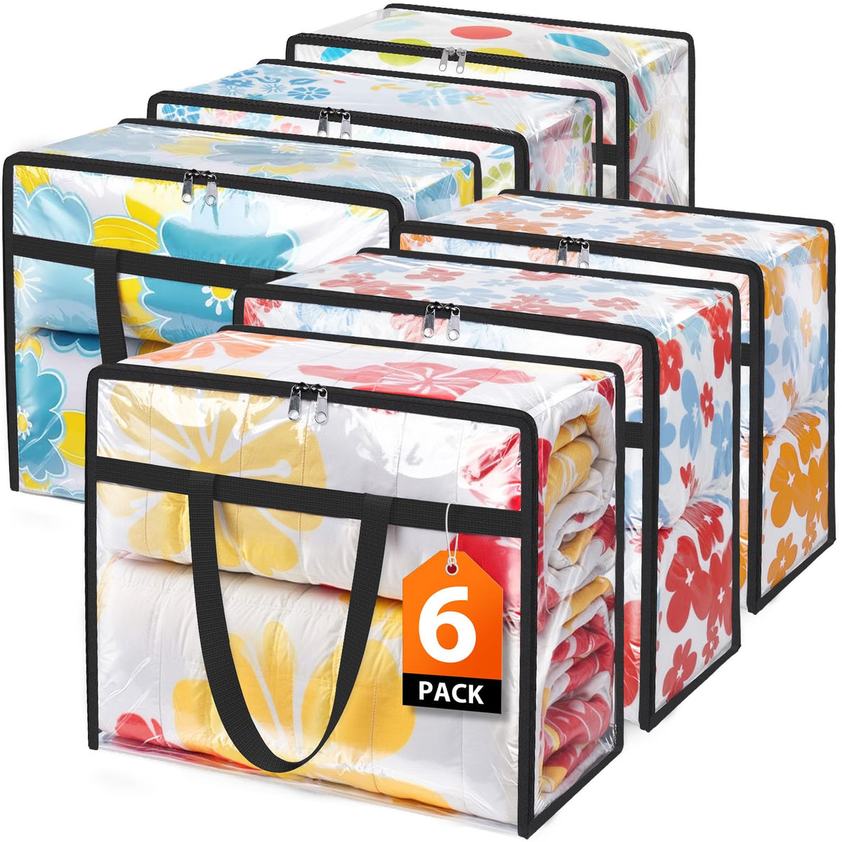 Clear Clothes Storage Bags 6-Pack 15.85 Gallon PVC Foldable Closet Organizer Under Bed Storage Containers with Zippers for Comforter Blanket Bedding Duvet – Transparent Moving Packing Bags