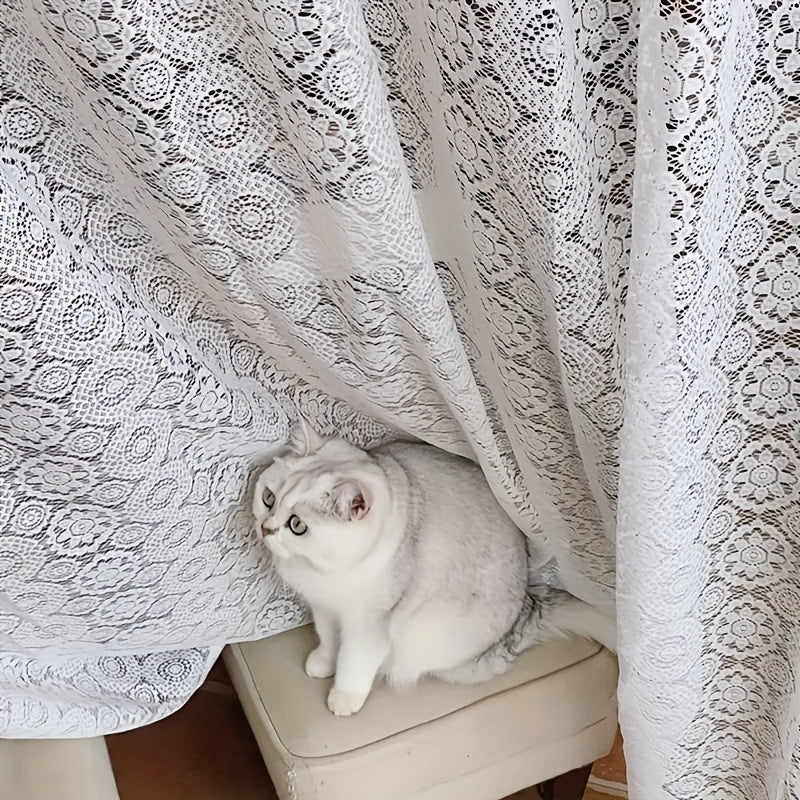 French Retro Lace Embroidered Chiffon Curtain – Romantic White Mesh Sheer Panel, Pole Pocket Top for Living Room Bedroom Partition, 4 Sizes