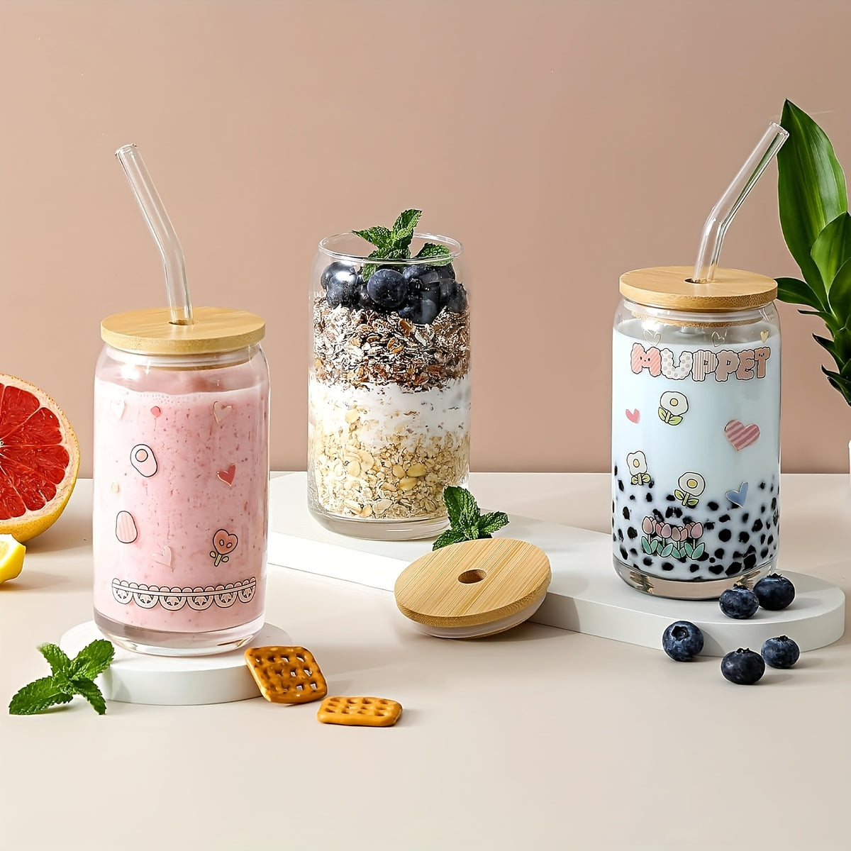 Can Shaped Glass Cups Set 18.6oz 550ml with Lids Straws & Cleaning Brush - Iced Coffee Boba Tea Smoothie Cola Drinking Glasses Gift for Women Men Girls | Nuvia Haven