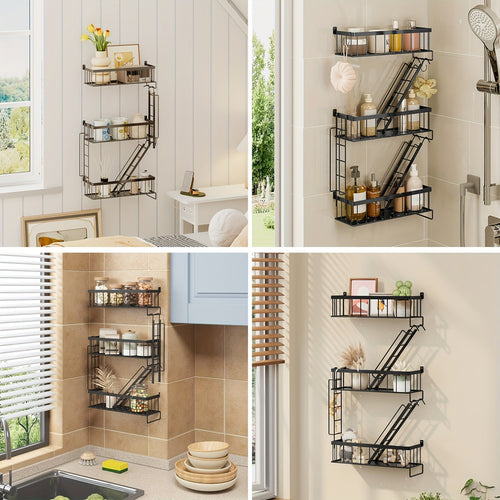 3-Tier Black Metal Floating Wall Shelf – Fire Escape Decorative Ladder Shelf, Wall Art Display Shelf for Bedroom Home Office Bathroom Living Room, Industrial Floating Shelves Room Decor