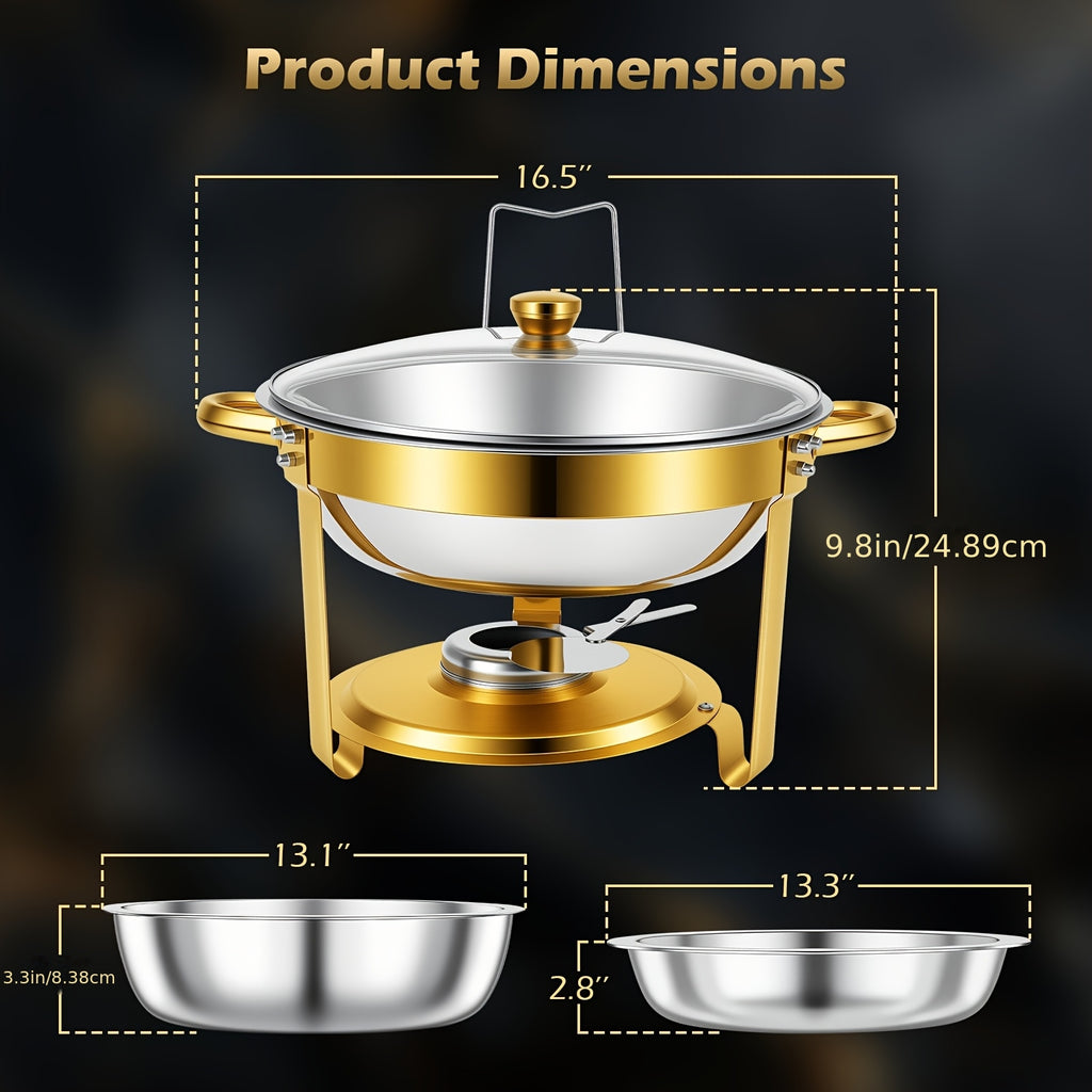 Stainless Steel Chafing Dish Buffet Set 5QT Round - Premium Food Warmer Server with Dome Lid for Parties, Banquets, Weddings & Catering, Available in 1, 2 & 4 Pack Golden Finish