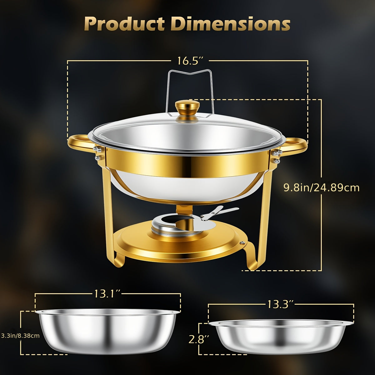Stainless Steel Chafing Dish Buffet Set 5QT Round - Premium Food Warmer Server with Dome Lid for Parties, Banquets, Weddings & Catering, Available in 1, 2 & 4 Pack Golden Finish