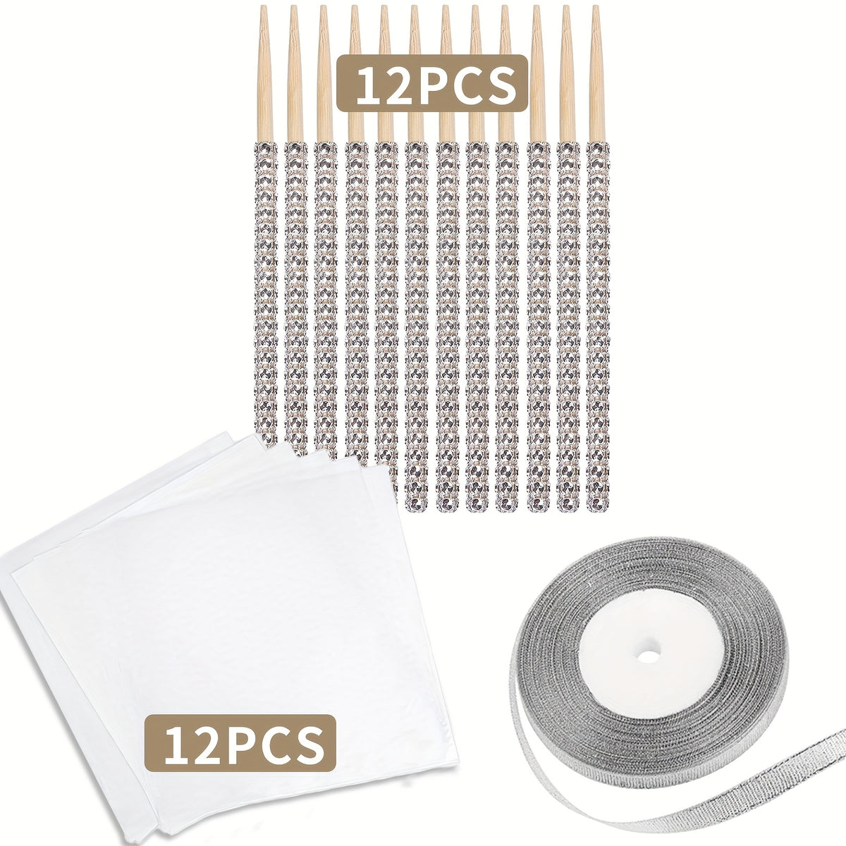 Candy Apple Sticks Bling Caramel Apple Wooden Skewers with Gift Bags & Glitter Ribbons - 25 or 49 Pack Decorative Cake Pop Sticks for Party Supplies, Halloween, Holidays, Silvery & Golden