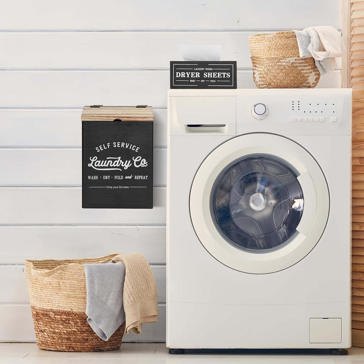 Magnetic Lint & Dryer Sheet Holder Set of 2 – Farmhouse Wood Lint Trash Can with Lid & Magnetic Dryer Sheet Dispenser Box for Laundry Room, Dryer & Wall Mounted Lint Basket