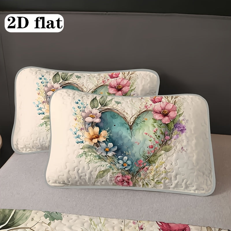Floral Love Heart Quilted Bed Cover Set – 2 & 3 Piece Quilt & Pillowcases | Soft Breathable Hypoallergenic | Machine Washable | Twin, Full/Queen & King