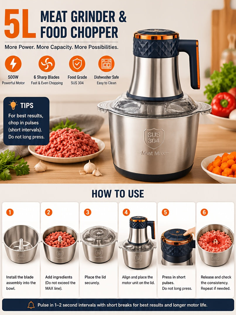 Food Processor 5L 500W Electric Meat Grinder & Vegetable Chopper - 6 Blades, 5 Speed Settings, Stainless Steel Bowl, 3 Attachments for Mincing Meat, Garlic, Baby Food Prep - Home Kitchen MG-1001