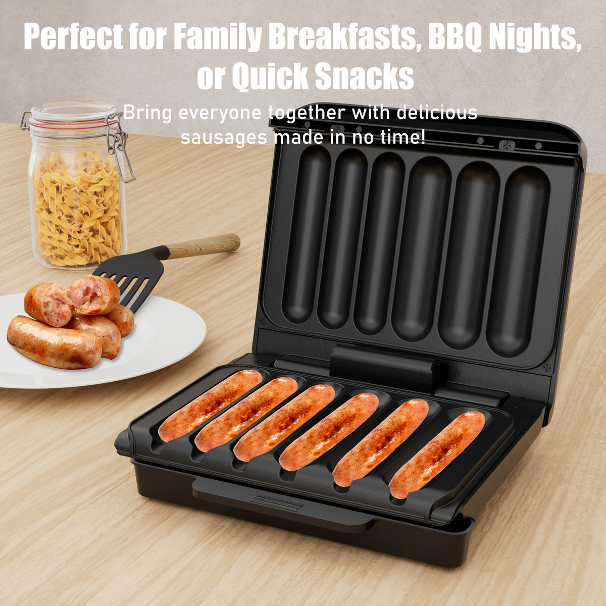 Electric Sausage Grill & Sandwich Maker with Nonstick Plate and Cord Storage - Hot Dog Cooker for BBQ, Veggie Sausages & Brats, Compact Countertop Indoor Grill