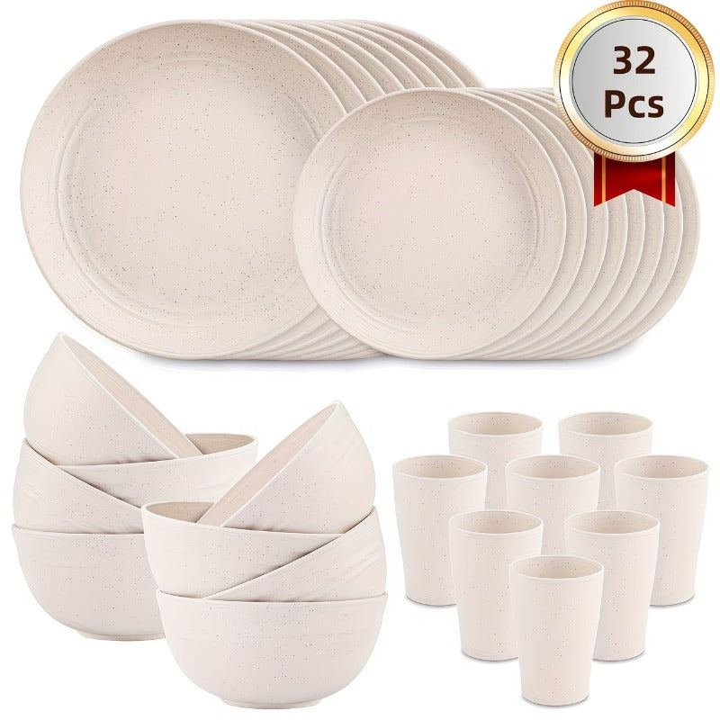 16 or 32pcs Wheat Straw Dinnerware Set Plates and Bowls Microwave Dishwasher Safe Durable Plastic Tableware for 8 – Party Gifts Multiple Colors