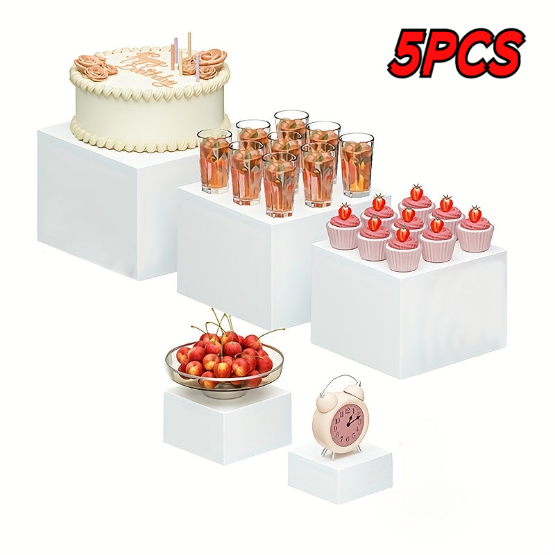 Acrylic Display Risers Set 5 Pieces – White Square Buffet Stands for Dessert Table, Party Food Display & Cupcake Tower