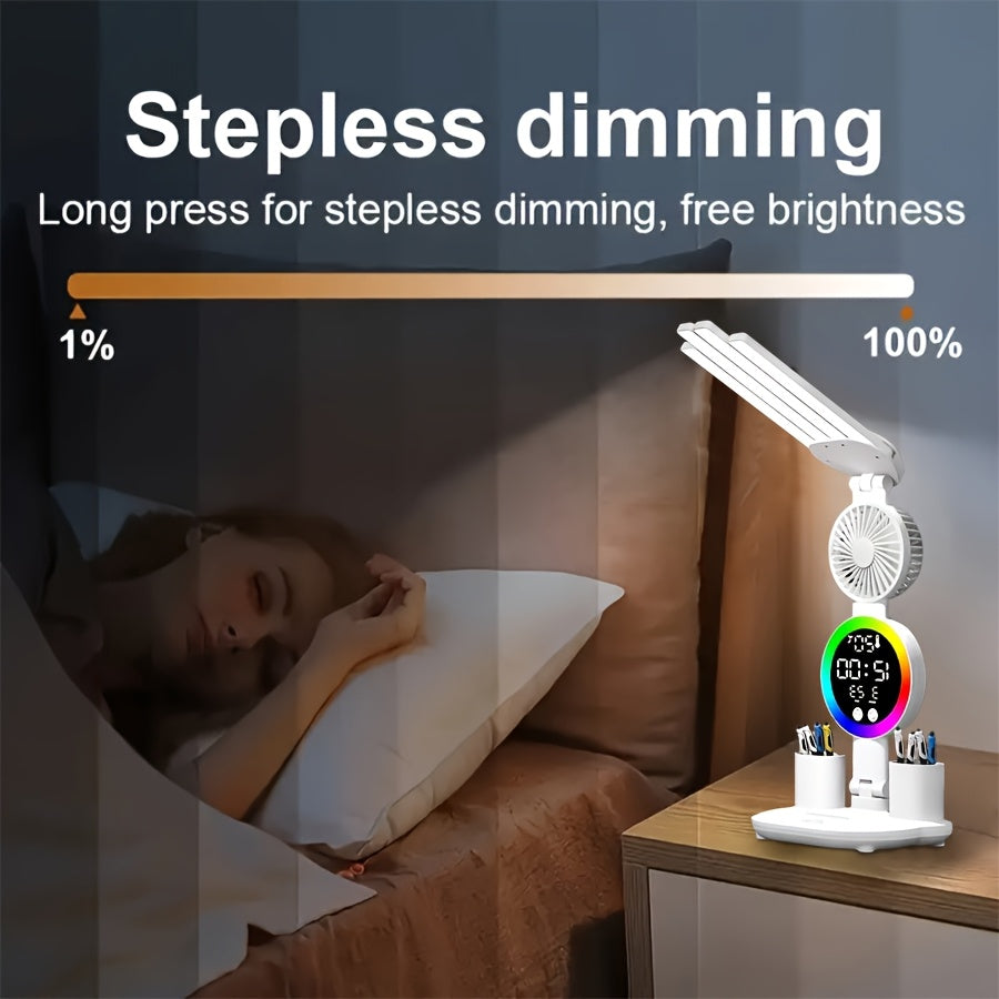 Smart Touch LED Desk Lamp USB Dual Head with Built-in Fan, 3-Color Dimmable, Smart Display, Pen Storage & Night Light – Eye-Caring Study & Home Office Lamp – 1 or 2 Pack