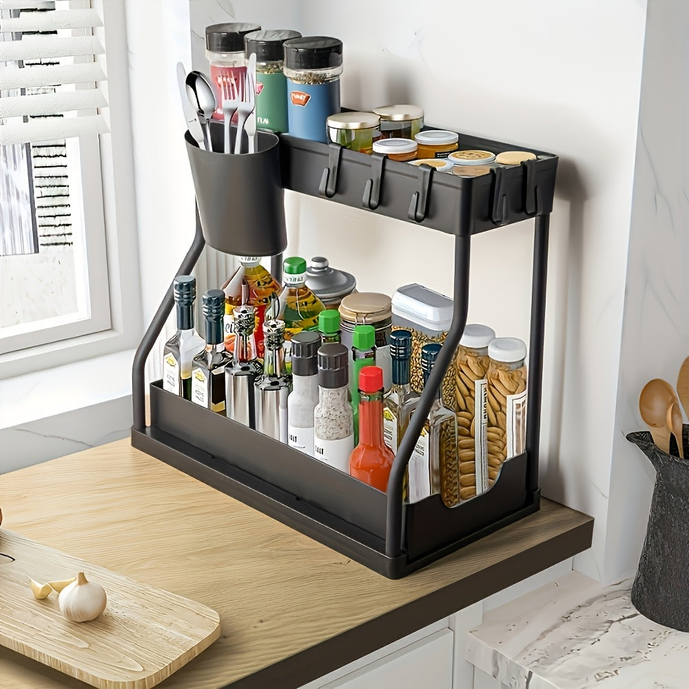 Under Sink Organizer 2-Tier Sliding Cabinet Basket with Hooks – Bathroom Kitchen Under Sink Storage Shelf Rack Organizer