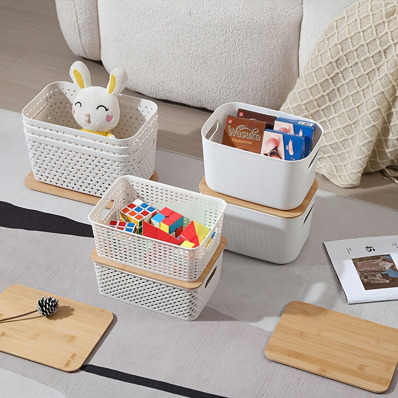 Plastic Storage Basket Set of 8 with Lids - Desktop & Shelf Organization Bins for Documents, Office, Home & Bedroom Storage, Multi-Functional Stackable Baskets - Grey, Black & White