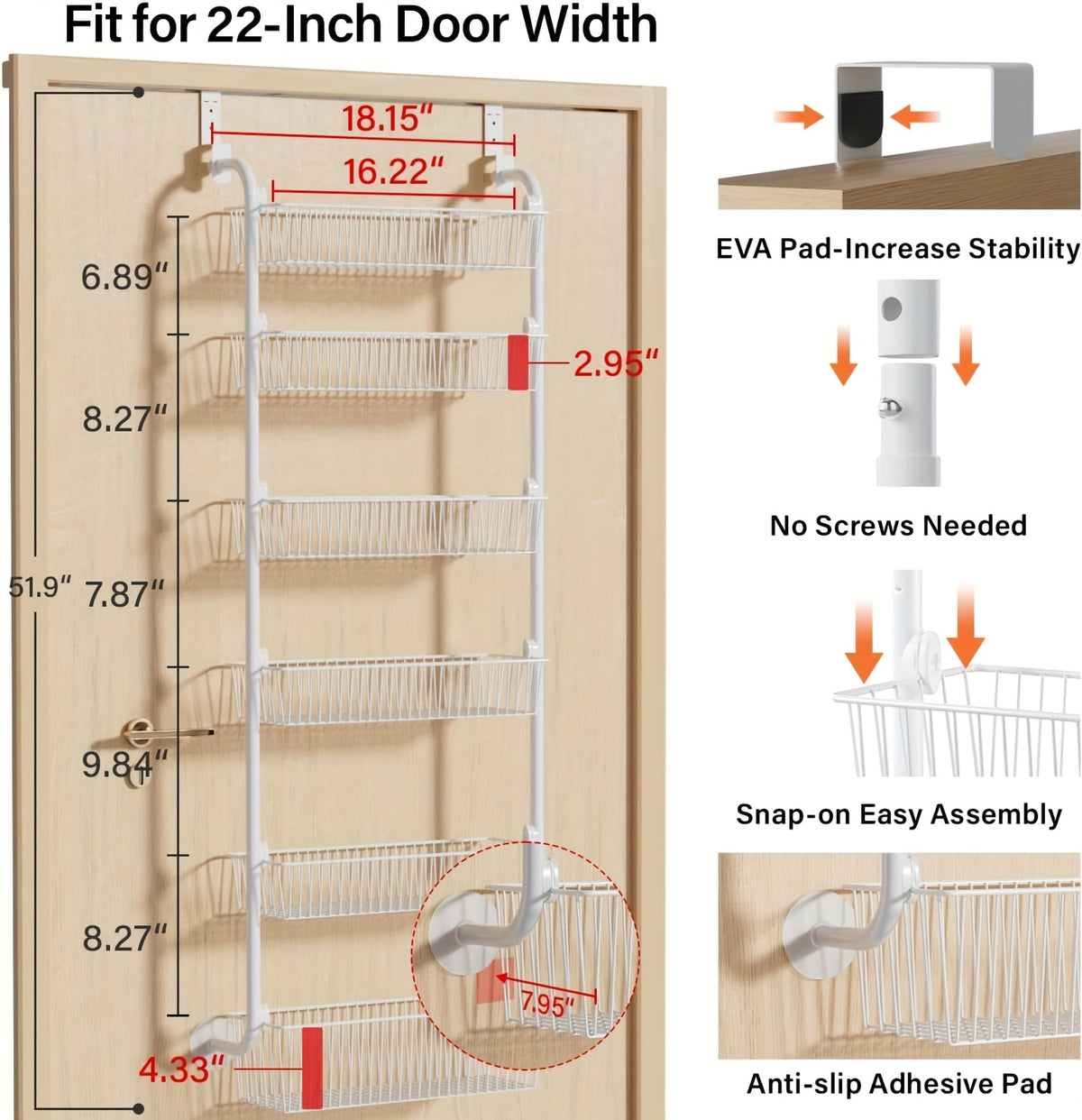 Over The Door Pantry Organizer Heavy Duty Metal – 6 or 8 Tier Door Mounted Storage Rack for Kitchen, Pantry & Spice Management, Holds 80 LBS
