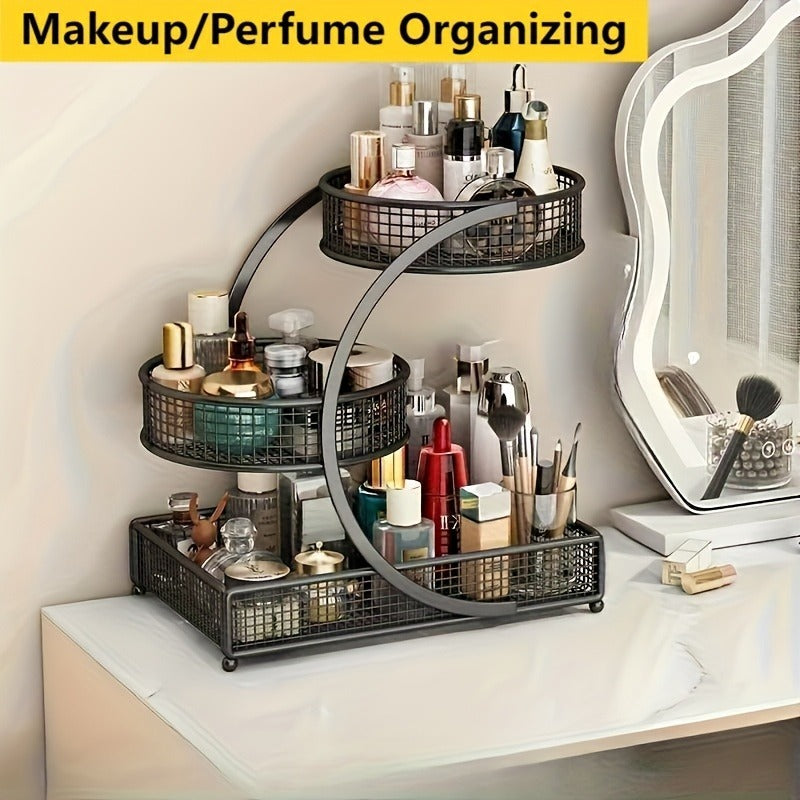 Lacquered Metal Cosmetic Storage Organizer, 1, 2 & 3-Tier Rust-Proof Welded Basket, Space-Saving Vanity Organizer for Lipstick, Perfume & Skincare — Black & White, Ideal Beauty Gift