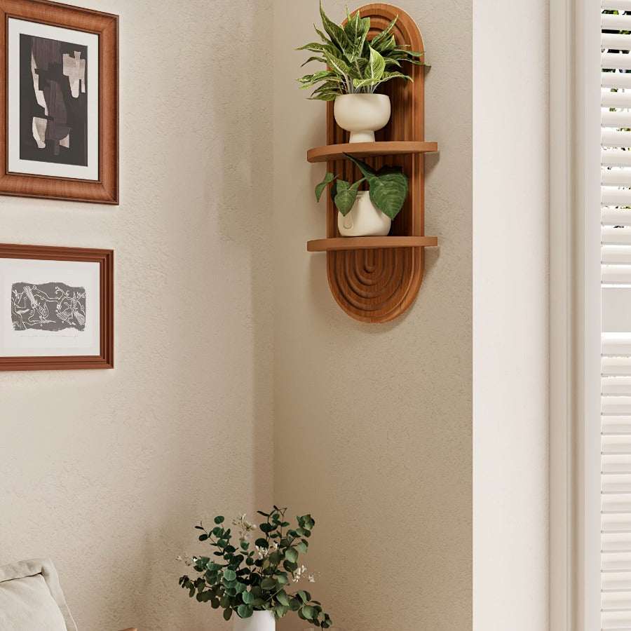 Boho Farmhouse Wood Floating Wall Shelves – 2-Layer Arc Design Wall-Mounted Storage Rack for Books, Plants & Decor in Bedroom, Bathroom, Kitchen & Living Room