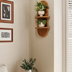 Boho Farmhouse Wood Floating Wall Shelves – 2-Layer Arc Design Wall-Mounted Storage Rack for Books, Plants & Decor in Bedroom, Bathroom, Kitchen & Living Room