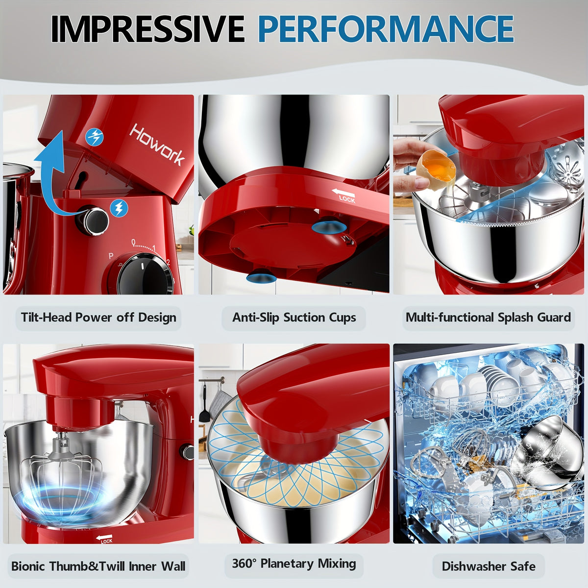 Stand Mixer 5QT 10-Speed Electric Kitchen Mixer with Dough Hook, Flat Beater, Wire Whip & Pouring Shield | Dishwasher-Safe Attachments for Baking & Cooking | Red, Silver or Blue